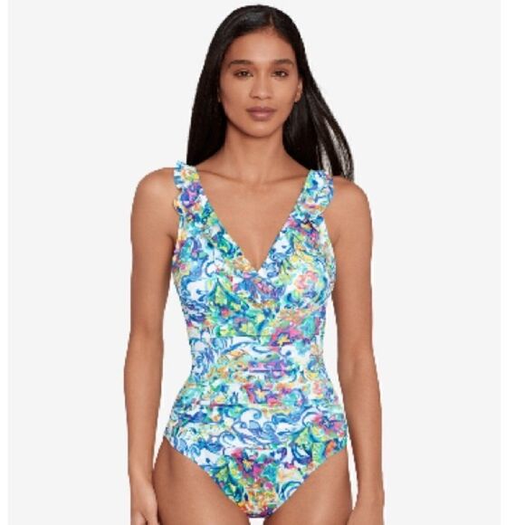 LAUREN RALPH Women's Printed Ruffle Surplice Underwire One-Piece Swimsuit size 8 - Picture 10 of 11